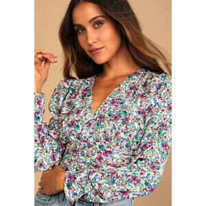 Lulus Blooming Buds Purple Floral Print Ruched Long Sleeve Top - Size XS